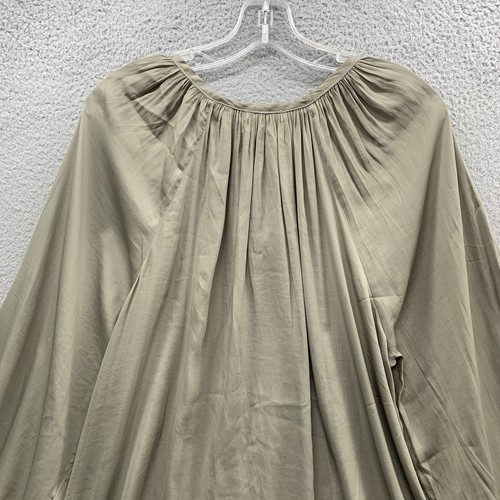 Miou Muse Beige Sage Peasant Boho Satin Top Blouse Drawstring Neck Pleats Size S - Picture 10 of 12