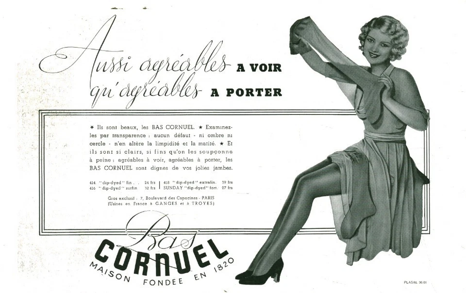 Publicité ancienne bas Cornuel 1936 issue de magazine Plasal - Photo 1/1