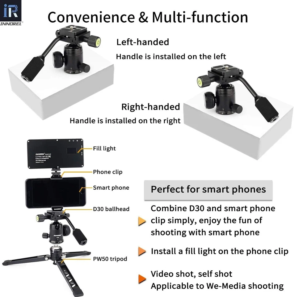 INNOREL D30 Tripod Head with Handle All Metal CNC Ballhead for DSLR Camera DV - Image 3 of 4