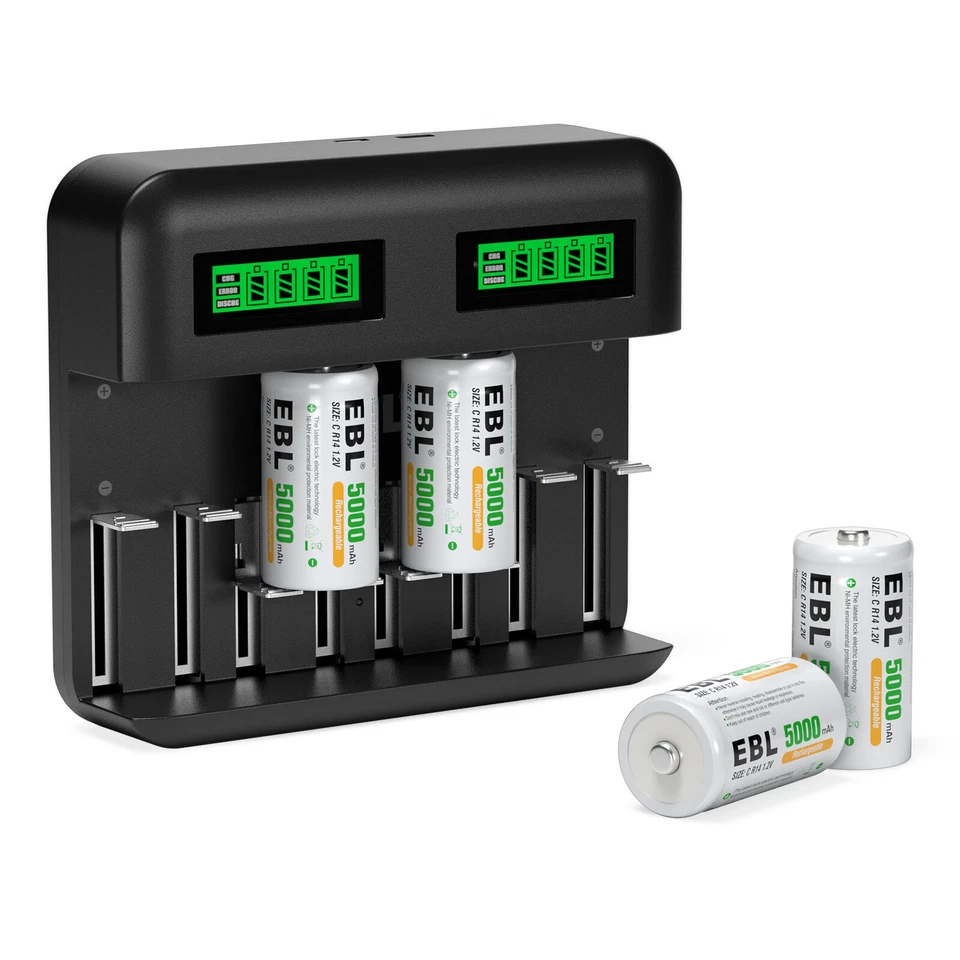 Paquete de 4 baterías recargables EBL tamaño C celda NiMH 1,2 V + cargador de batería Foto 4 de 4