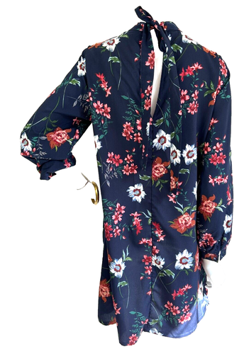 NWT Azalosie Floral Dress Sheath V-Back Bow Long Sleeve Pockets Blue Size Small - Picture 3 of 7