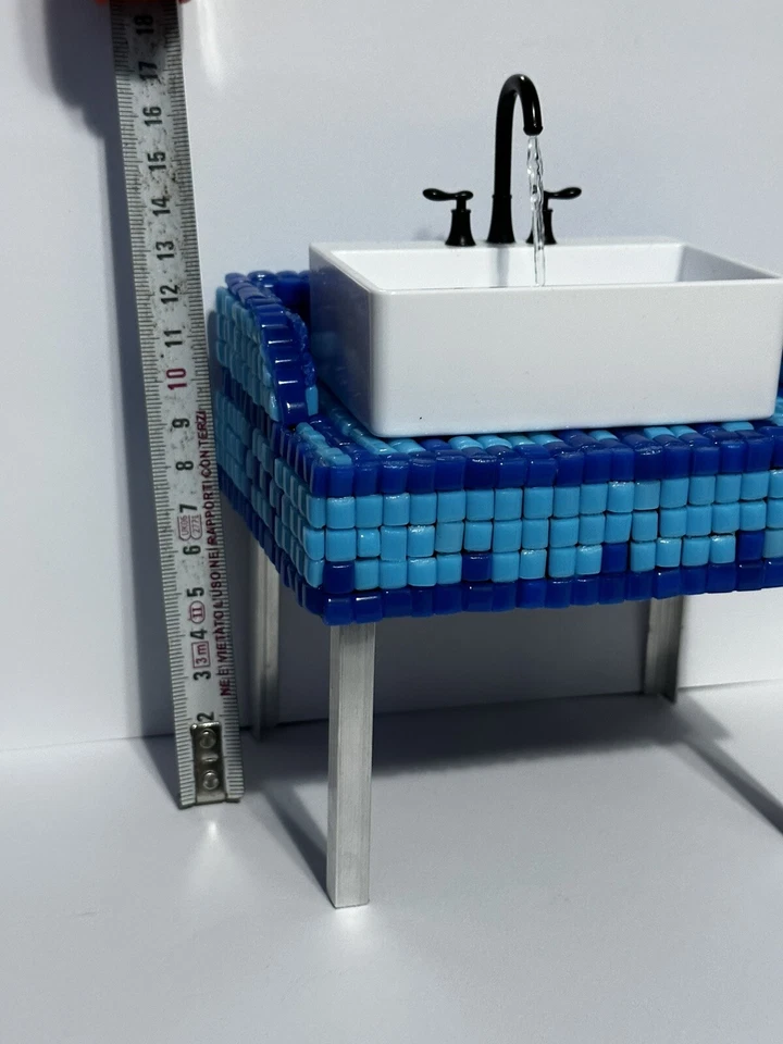 Miniatura Lavandino Lavabo Bagno Mosaico Scala 1/6 Casa Bambole Fatto A Mano - Immagine 2 di 4