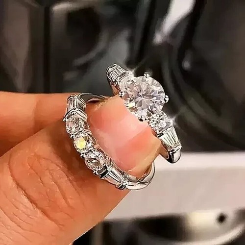 2 Ct Round Cut Simulated Diamond Women's Bridal Ring Set 14k White Gold Plated - Picture 5 of 5