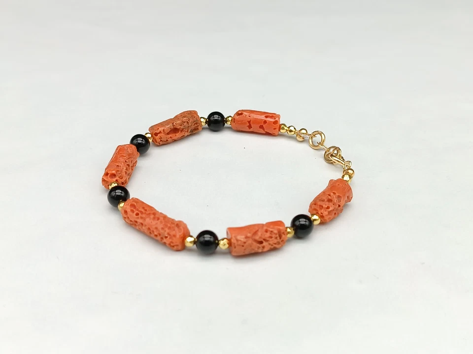 Pulsera De Coral Rojo De Cerdeña Natural Auténtico De Plata 925 Y Ónix Negro - Imagen 2 de 4