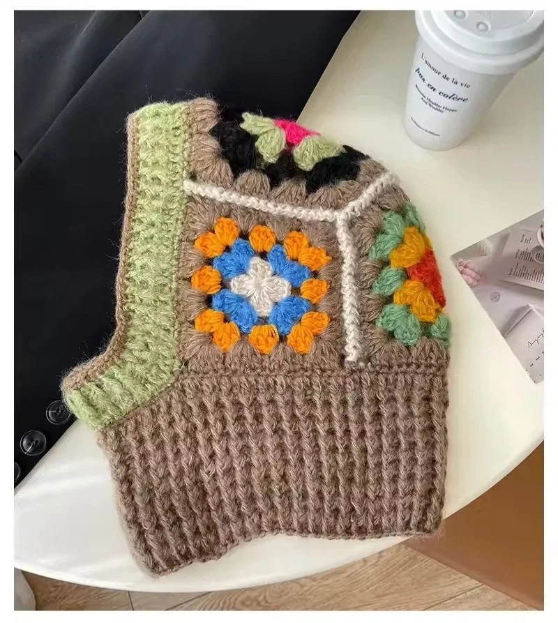 Granny Square Crochet Balaclava Hood Mask Earth Tone Handmade Winter Neck Warmer
