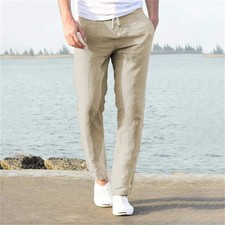 Men's Cotton Linen Pants Male Autumn New Breathable Solid Color Linen Trousers F