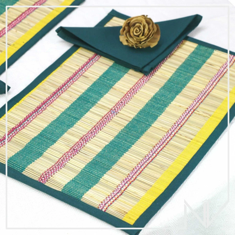 Green Yellow Stripes Bamboo Farmhouse Outdoor Holiday Dining Table Mats Set of 6 - Image 2 of 4