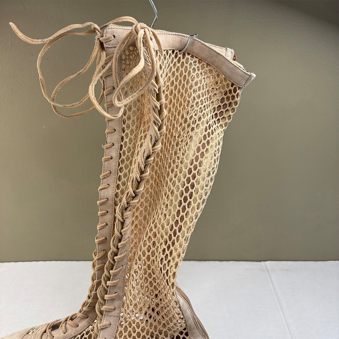 22999✨クリスチャンディオール Naughtily-D メッシュロングブーツ Christian Dior Beige Resille Naughtily D Lace Up Over The Knee