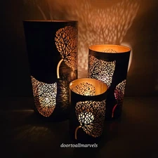 Three Metal Luminary Candle Holder Set Laser Cut Leaves Hurricane Style Organic