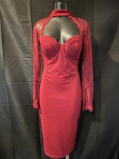 Fashion Nova Red Long Sleeve Bodycon Dress with Lace Sleeves