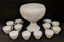 Vintage Westmoreland Three Fruits White Milk Glass 10" Punch Bowl Set & 12 Cups