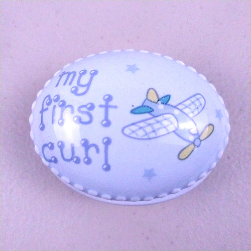 VIntage Baby's First Haircut Hair Curl Keepsake Trinket Box Ceramic Blue Boys