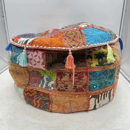 Indian Patchwork Pouffe Ottoman Floor Cushion Boho Elephant Embroidered Vintage - Picture 3 of 8