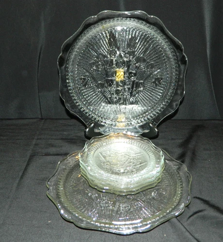 JEANNETTE GLASS "IRIS & HERRINGBONE", CLEAR, 6 PIECE ASSORTMENT, EX COND