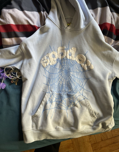Spider Boys Pullover Hoodie Light Blue Web Graphic Long Sleeve Size M