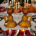 Vtg Anchor Hocking Candle Holders Amber Glass Octagonal Base Thanksgiving Decor