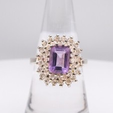 Halo Sterling Silver 925 Purple Amethyst Emerald Cut Ring Sz 6.5 FAS Designer