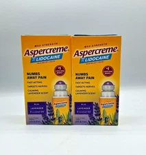 2 Pack Aspercreme -4% Lidocaine Pain Relief W/Lavender Roll-On -2.5 04/26