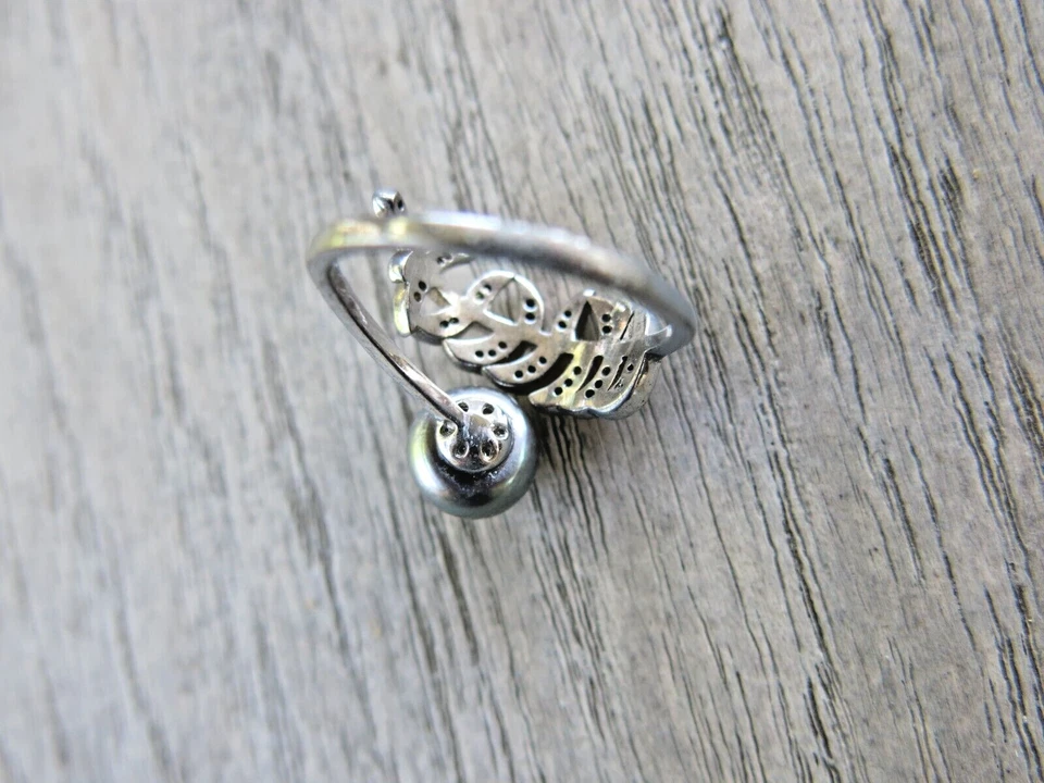 Anillo Hoja Perla Tahití Negro Hecho a Mano Plata de Ley 925 Ajustable Su Regalo Foto 4 de 4
