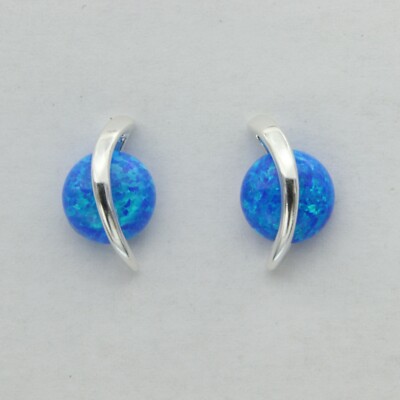 Unique Blue FIRE OPAL Round Post / Stud Earrings - 925 STERLING SILVER #506e