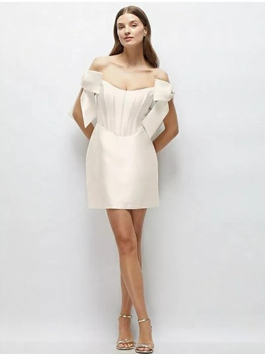 Alfred Sung Women's Size 2 Ivory Corset Satin Off The Shoulder Corset Mini Dress