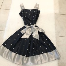 NWOT Vintage Gray & Blue Polka Dot Satin Silk Cocktail/Formal/Party Dress Size S
