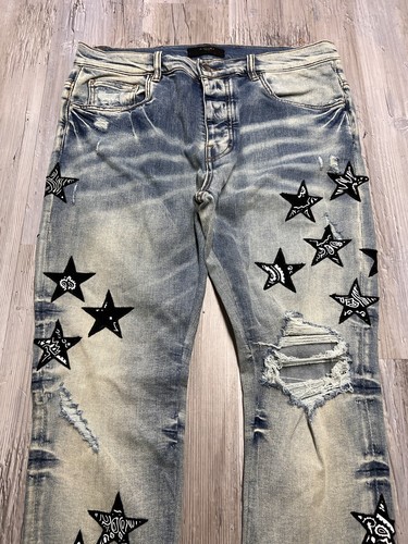 AMIRI Men's Distressed Bandana Star Patch Jeans Size 36 Stonewash Whiskers - Picture 5 of 14