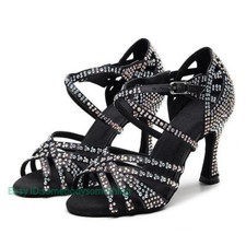 Women Sequins Rhinestone Ankle Strap Sandals Stiletto Heels Latin Dance Shoes
