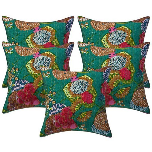 5 Pcs Set Fruit Print Kantha Cushion Covers Green Cotton Throw Pillows Cover - Picture 2 of 3