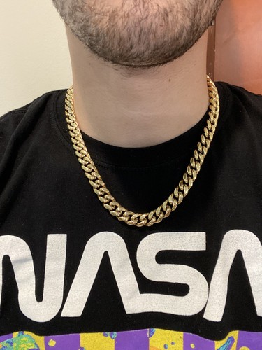 Real Solid 14K Gold Over Stainless Steel Miami Cuban Link Chain Necklace Choker - Picture 2 of 12
