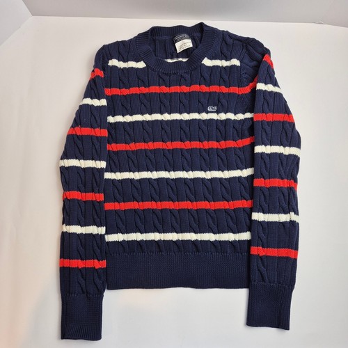 Vineyard Vines Cable Knit Sweater Striped Cotton Blend Kids Size S Navy Blue