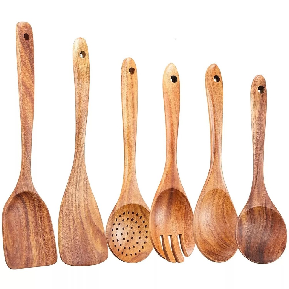 Wooden Spoon Spatula Bamboo Set Kitchen Utensil Cooking Mix Non-Stick Tools 6 Pc