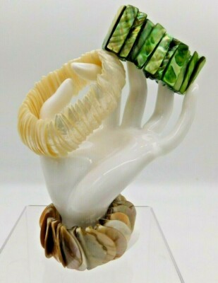 3 Lot Abalone Mother of Pearl Shell Half Moon White Green Brown Stretch Bracelet