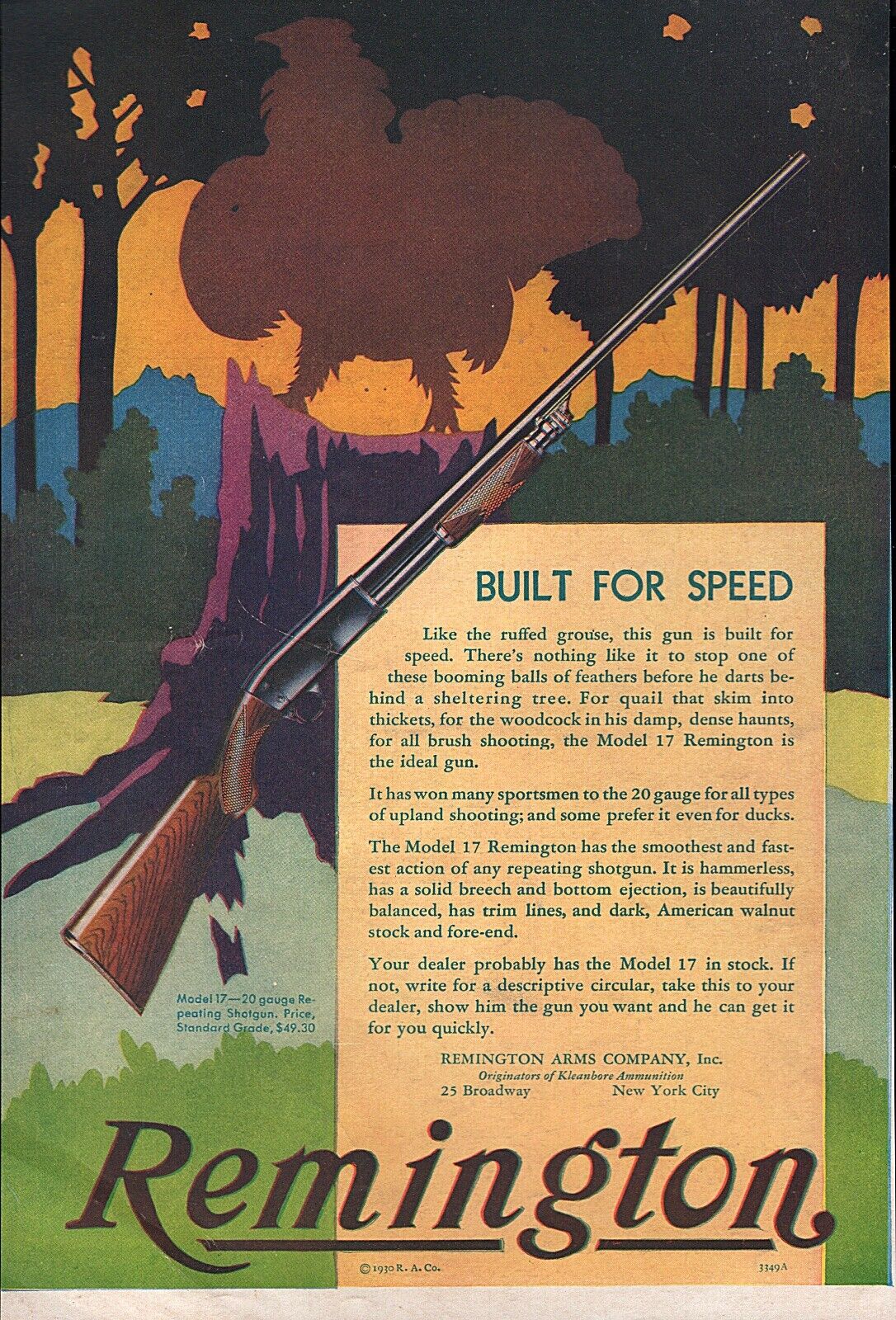 1930 Remington Model 17 Shotgun Original Color Print Ad