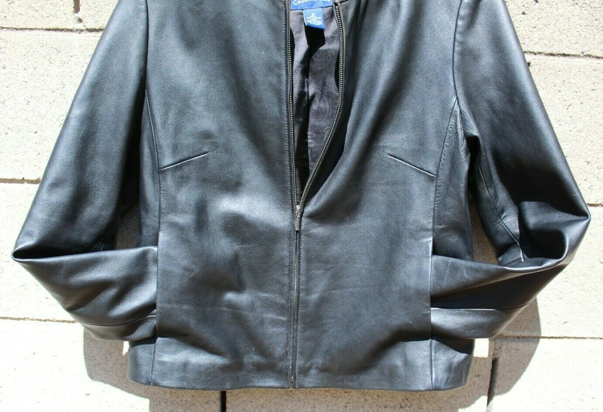 Macys Leather Jacket coat size 9 med 10 Black blue Charter C collarless OFFER NW