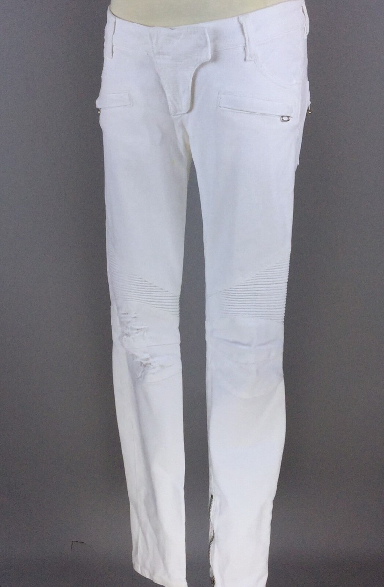 BALMAIN Paris White Distressed Denim Moto Biker Silver Zip Jeans
