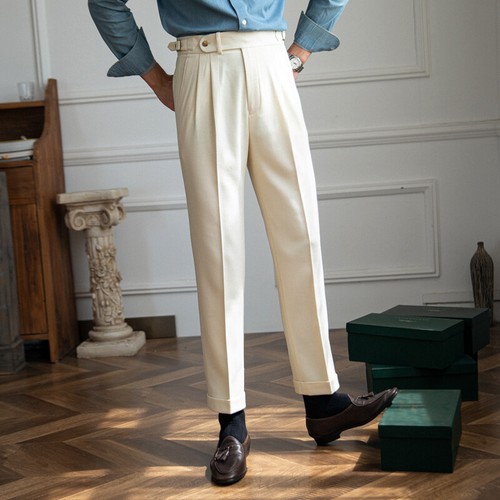 Men's Pant British Style Casual Suit Pants High Waist Straight Trousers ...