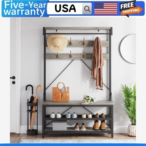 ๐ฑ72" Hall Tree Shoe Rack for Entryway Storage Industrial Coat Rack Shoe Bench