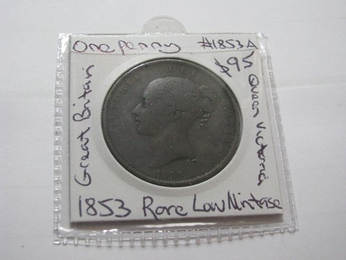 1853 Penny Great Britain England Queen Victoria Rare Low Mintage Coin #1853.A
