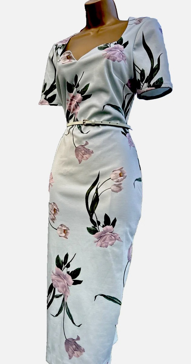 TED BAKER Elderflower floral print bodycon pencil midi belt dress wedding 2  10 S | eBay UK