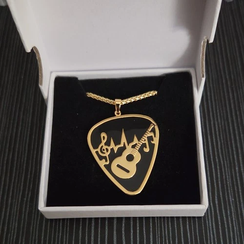 18K Yellow Gold Rope Chain Necklace Music Pick Charm Pendant Lobster Signed - product listing photo