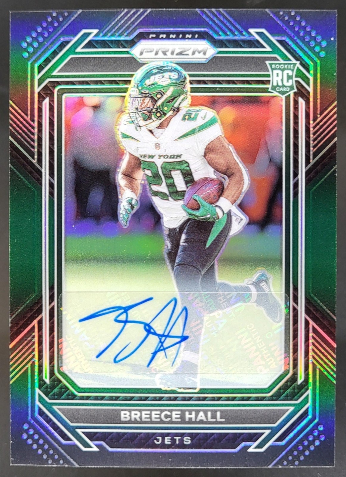 2022 Panini Chronicles Breece Hall Prizm Black Green /49 RC Auto Jets WN2