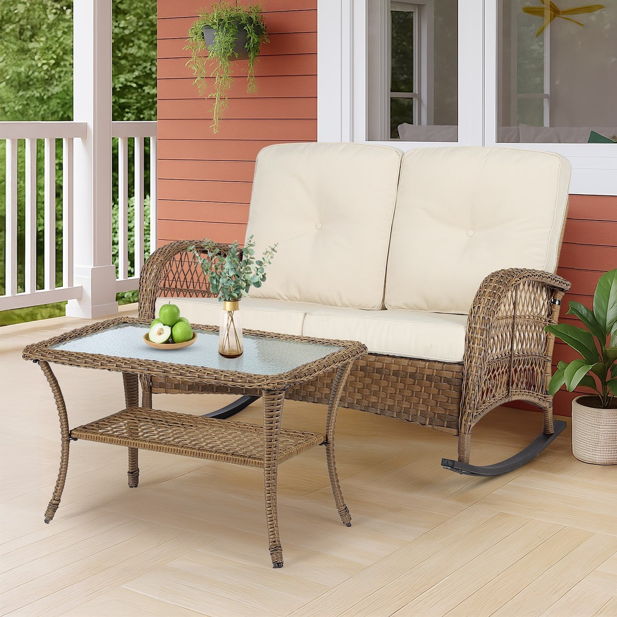Outdoor Wicker Rocking Bench All-Weather Patio Loveseat Rocker
