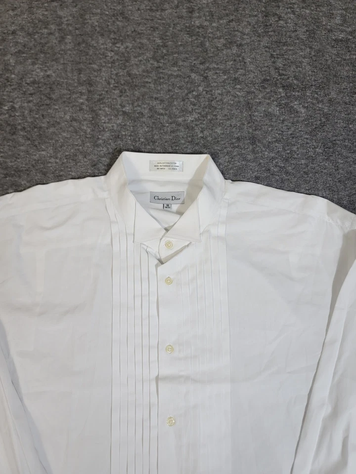 Vintage Y2K Christian Dior Pleated Tuxedo White Shirt Made in China Sz 18/36-37 - Image 4 of 4