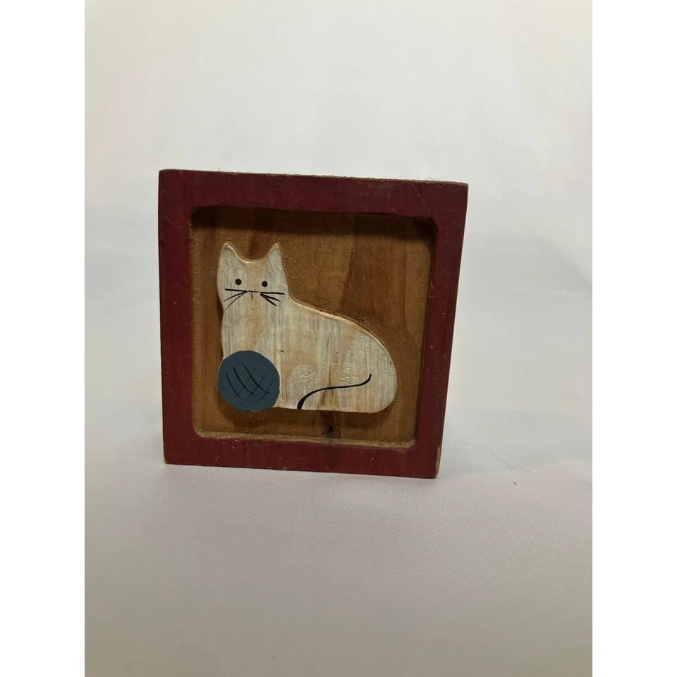 Wooden Cat with Yarn Block Decor Rustic Home Accent Shelf Sitter - Image 4 of 4