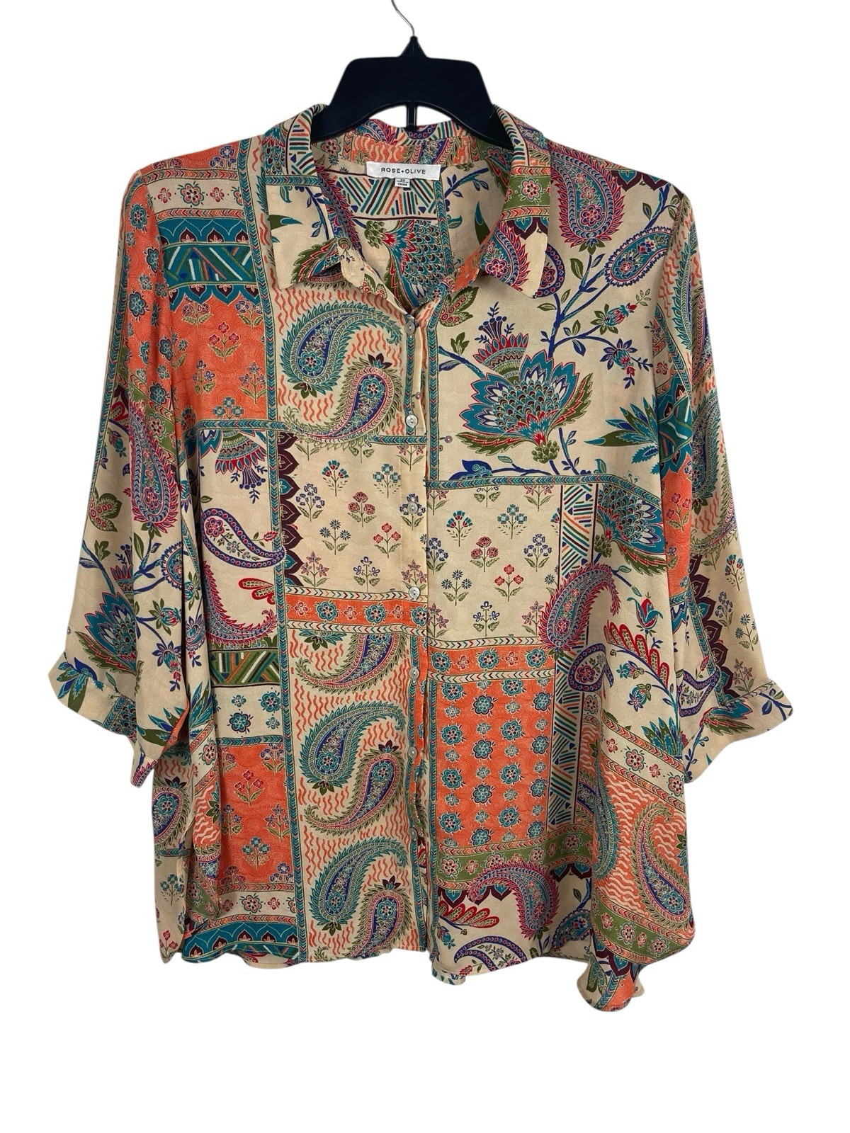 Rose & Olive Patchwork Orange Tan Button Up Top W… - image 1