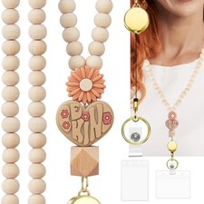 Teacher Lanyard ID Holder Wood Beaded Badge Keys Retractable Breakaway 1 PCS