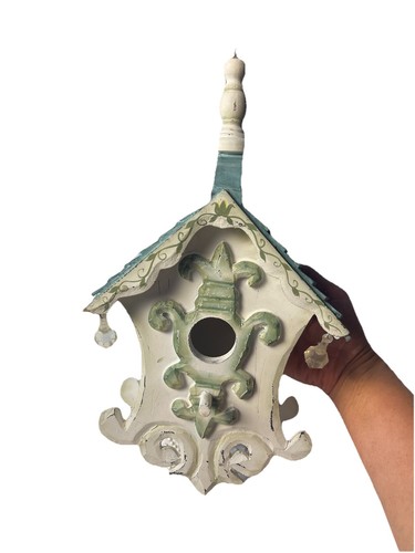 Wood Cottage Birdhouse  W/ Crystal Detail Hand-Painted EUC