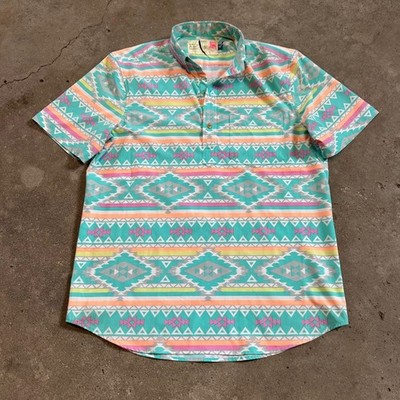 Chubbies Performance Polo Shirt Mens Medium Teal Southwestern Geometric