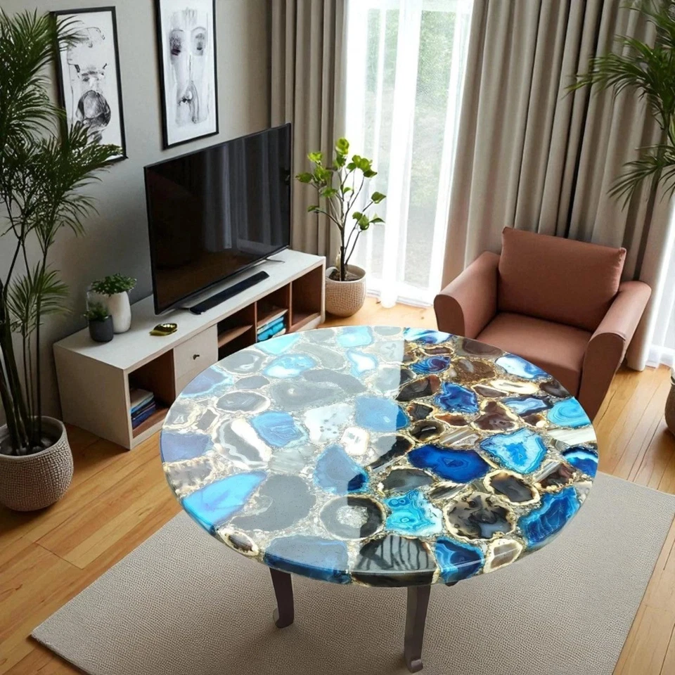 Mesa de centro redonda de ágata azul con epoxi dorado | Muebles hechos a mano de piedras preciosas 24" Foto 4 de 4